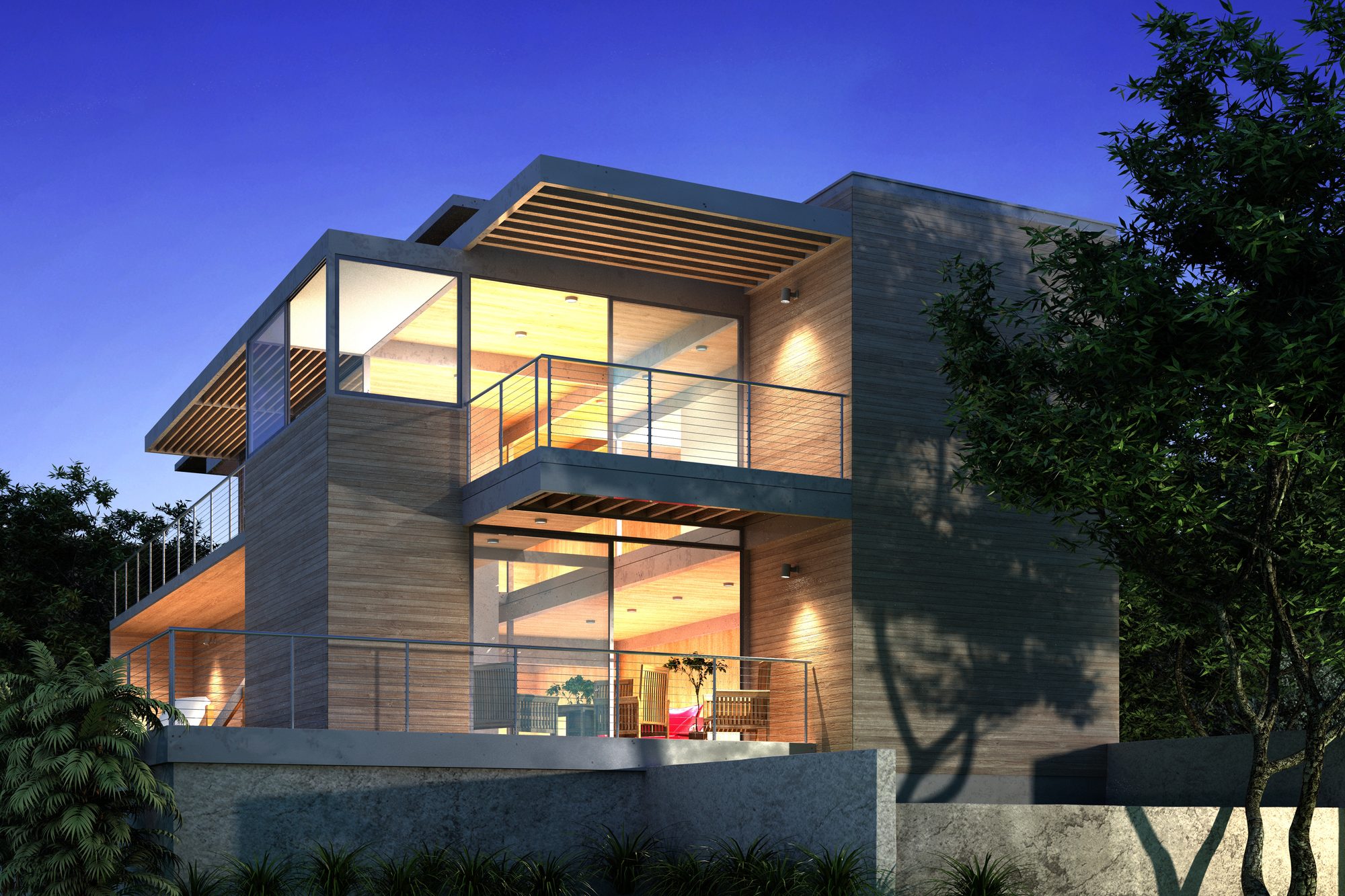 Modern home at dusk with Argos AV systems highlighted