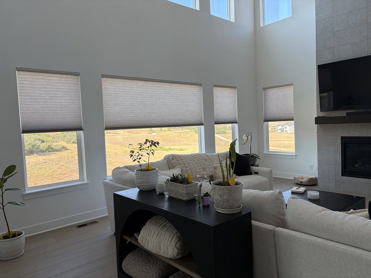 Motorized cellular shades on tall great-room windows beside a TV over a gas fireplace — Argos AV motorized shade install