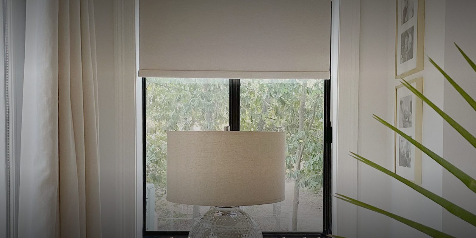 Motorized roller shade lowered over a living room window — Argos AV smart home and shade installation