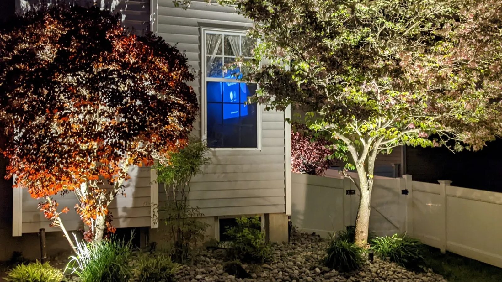 Low-voltage landscape uplights on trees and plantings beside a home at night — Argos AV landscape lighting install